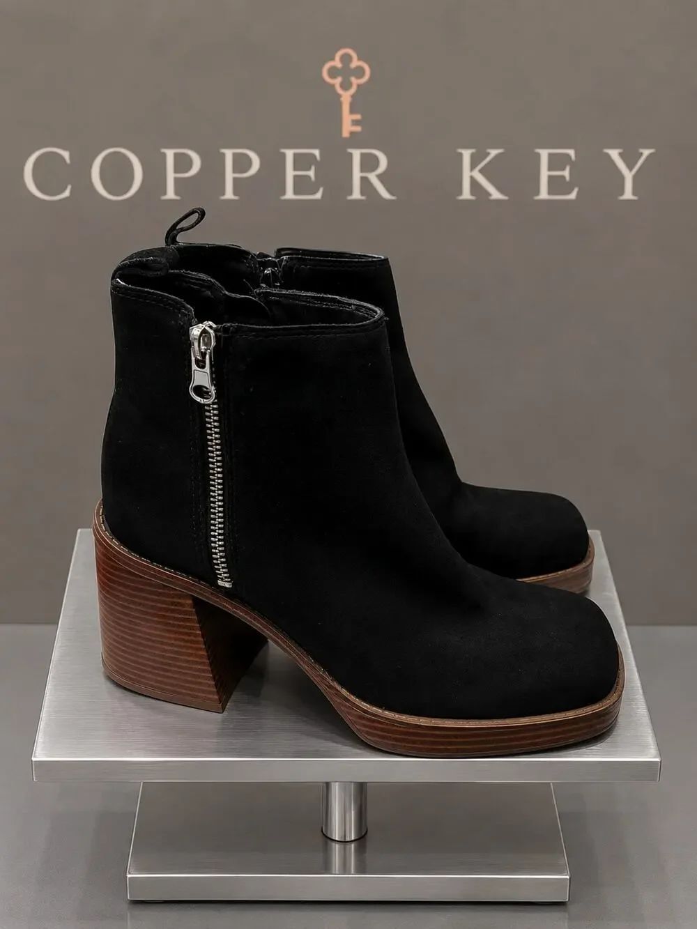 Copper Key Black Suede Leather Platform Block Heel Ankle Boots 6.5